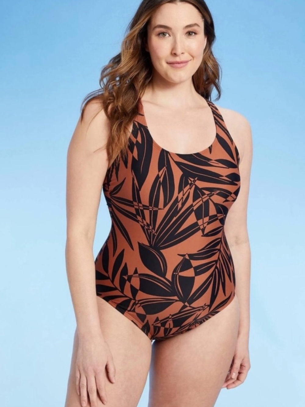 All in Motion Rust Brown and Black Tropical Print One-Piece Swimsuit Size Large